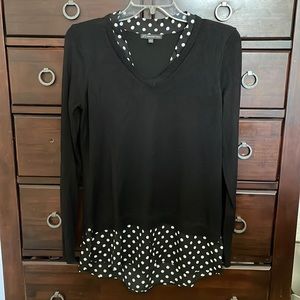 Adrianna Papell black sweater with polka dot mock blouse.